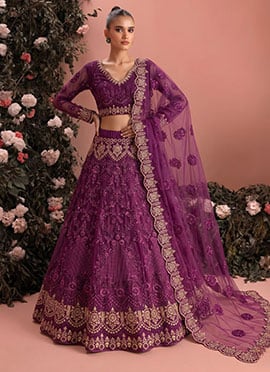 Purple Net Embroidered Lehenga