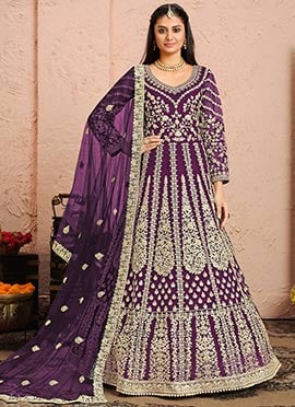 Purple Net Embroidered N Sequins Anarkali Suit