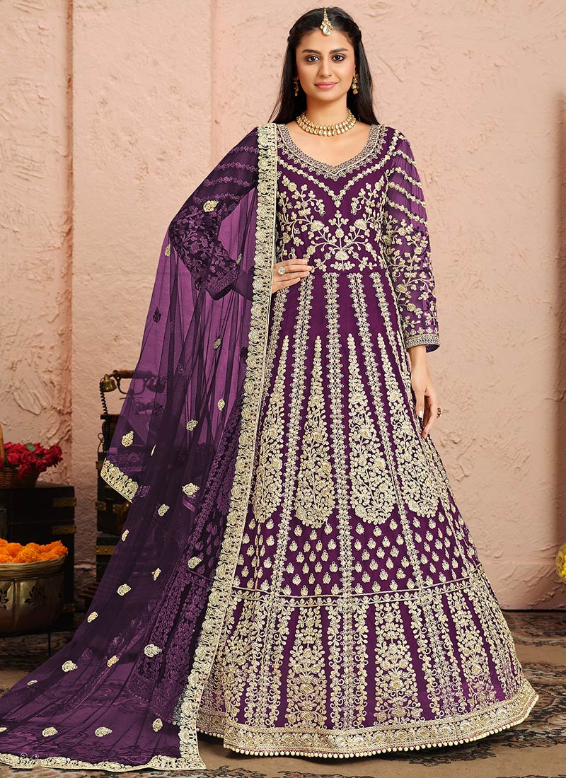 Purple Net Embroidered N Sequins Anarkali Suit Wedding Wear