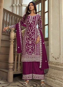 Purple Net Embroidered Palazzo Suit