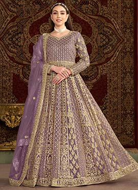Purple Net Embroidered Sequins Beautiful Anarkali Suit