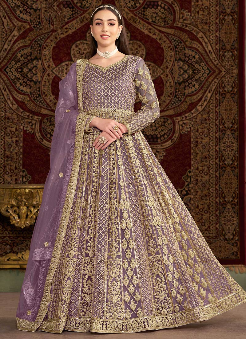 Purple Net Embroidered Sequins Beautiful Anarkali Suit Wedding Wear