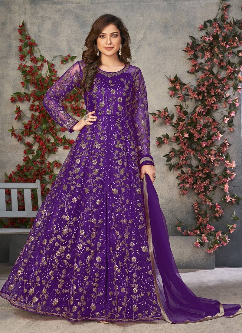 Purple Net Embroidered Sequins High Slit A line Anarkali Suit Festive Wear