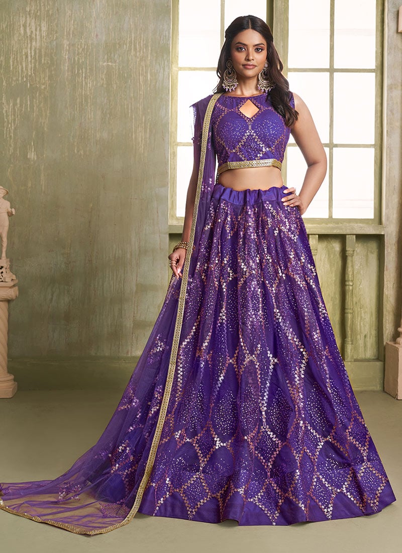 Purple Net Embroidered Sequins Lehenga Wedding Wear