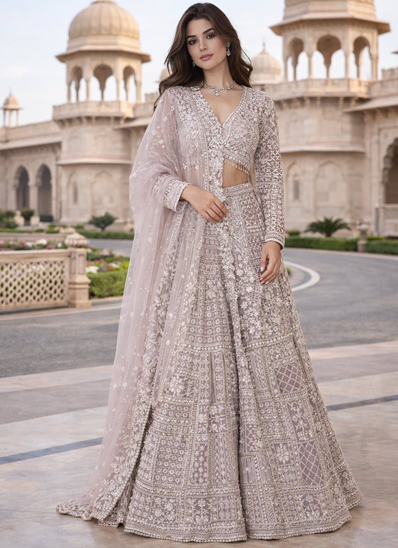 Purple Net Embroidered Sequins Lehenga Wedding Wear
