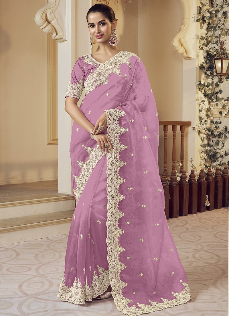 Purple Net Embroidered Sequins Saree Wedding Wear