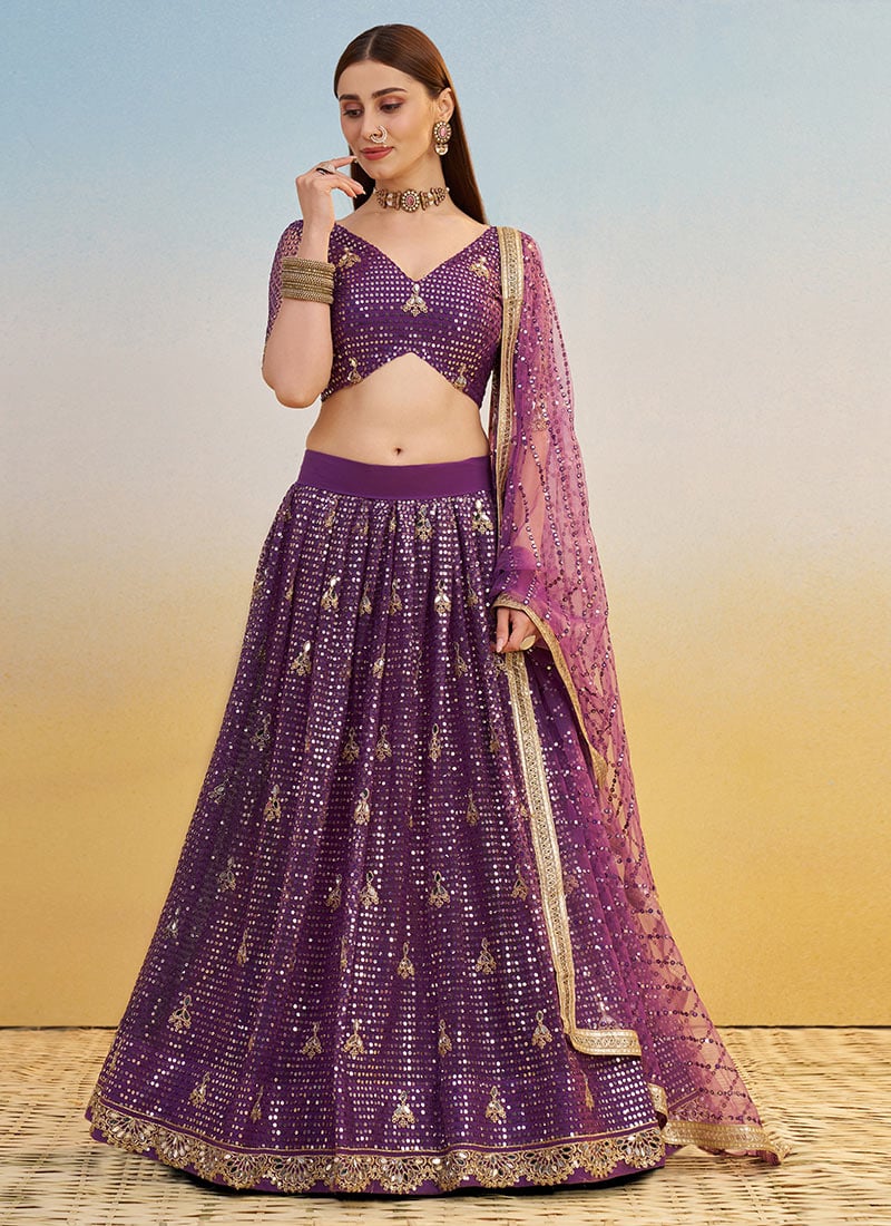 Purple Net Embroidered Sequins With Mirror Work Lehenga Wedding Wear