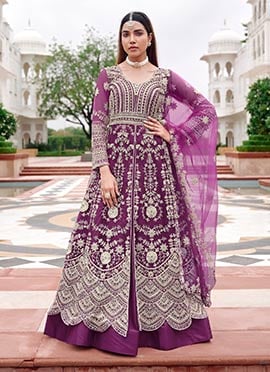 Purple Net Embroidered Sequins With Stone And Beads Work Anarkali Lehenga