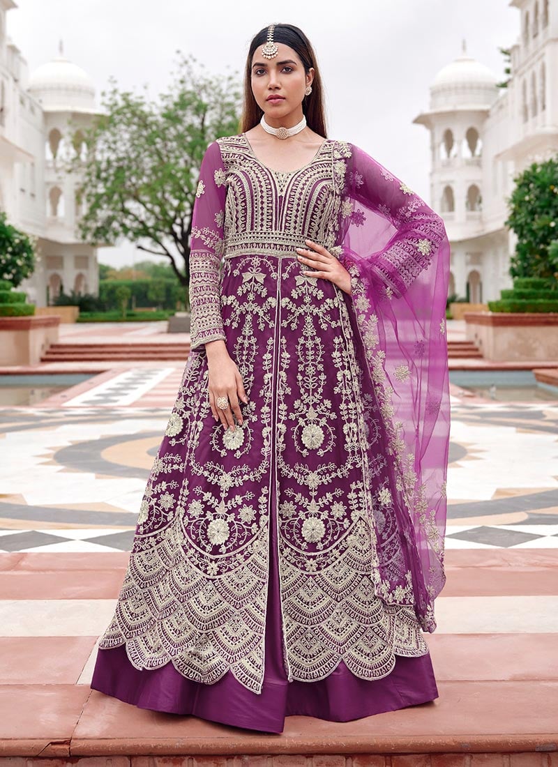 Purple Net Embroidered Sequins With Stone And Beads Work Anarkali Lehenga After Six Wear