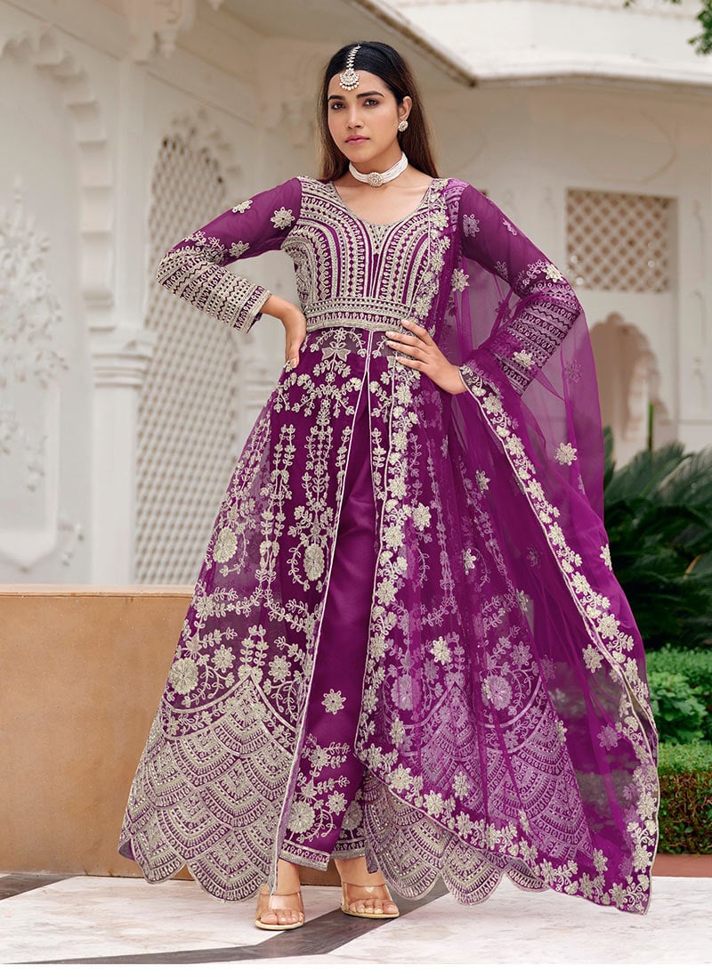 Purple Net Embroidered Sequins With Stone And Beads Work Anarkali Suit After Six Wear