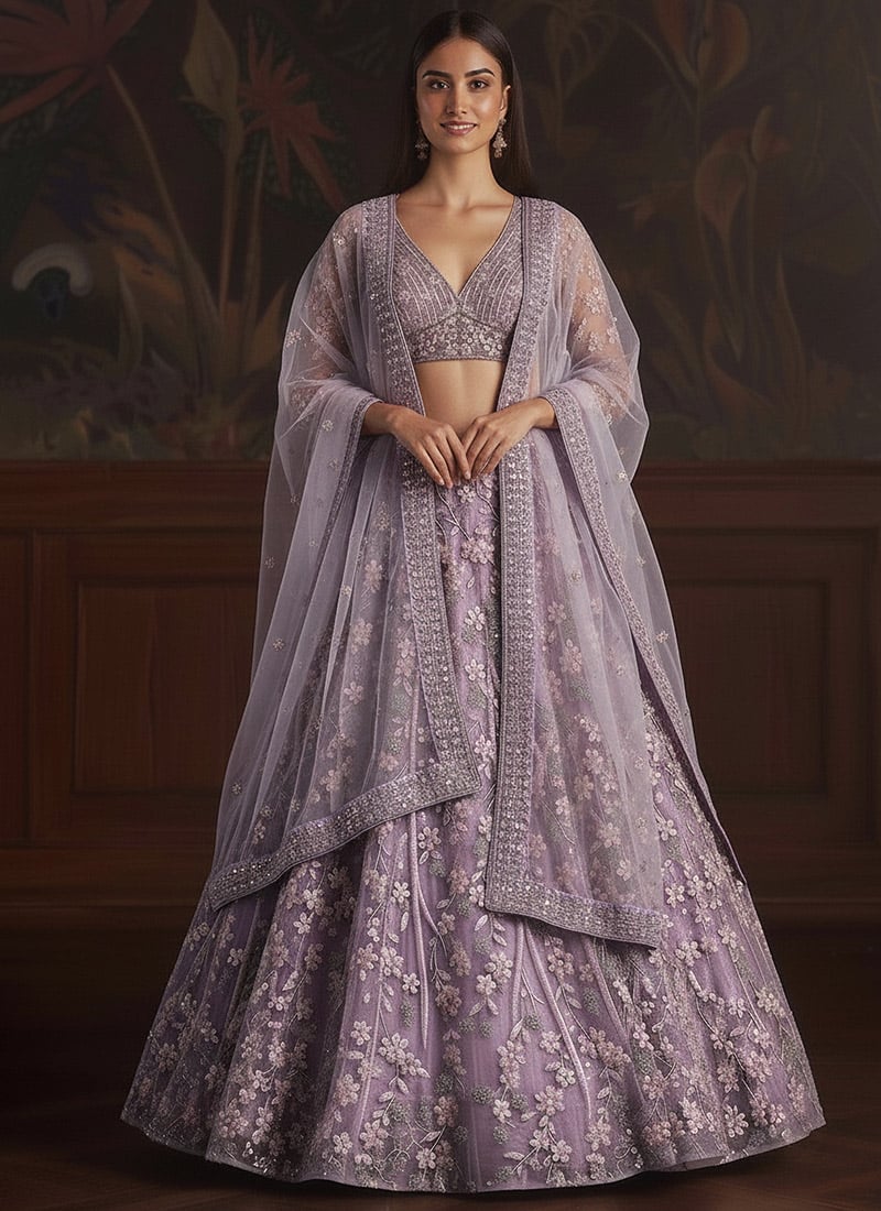 Purple Net Embroidered Sequins With Stone Work Lehenga Wedding Wear