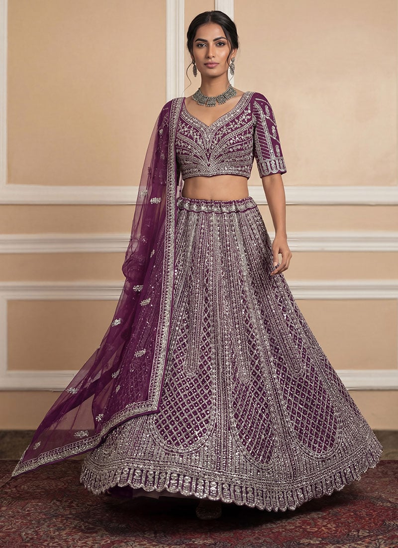 Purple Net Embroidered Sequins With Stone Work Lehenga  Wedding Wear