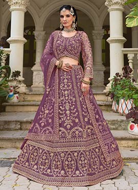 Purple Net Embroidered Sequins With Stone Work Lehenga