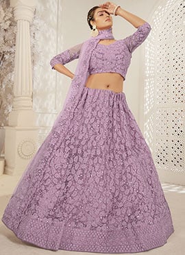 Purple Net Embroidered Umbrella Lehenga
