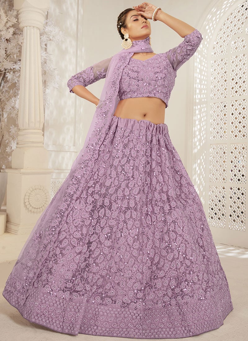 Purple Net Embroidered Umbrella Lehenga Festive Wear