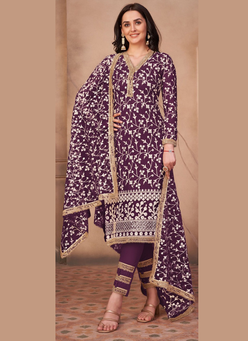 Purple Net Embroidery Straight Pant Suit Party Wear