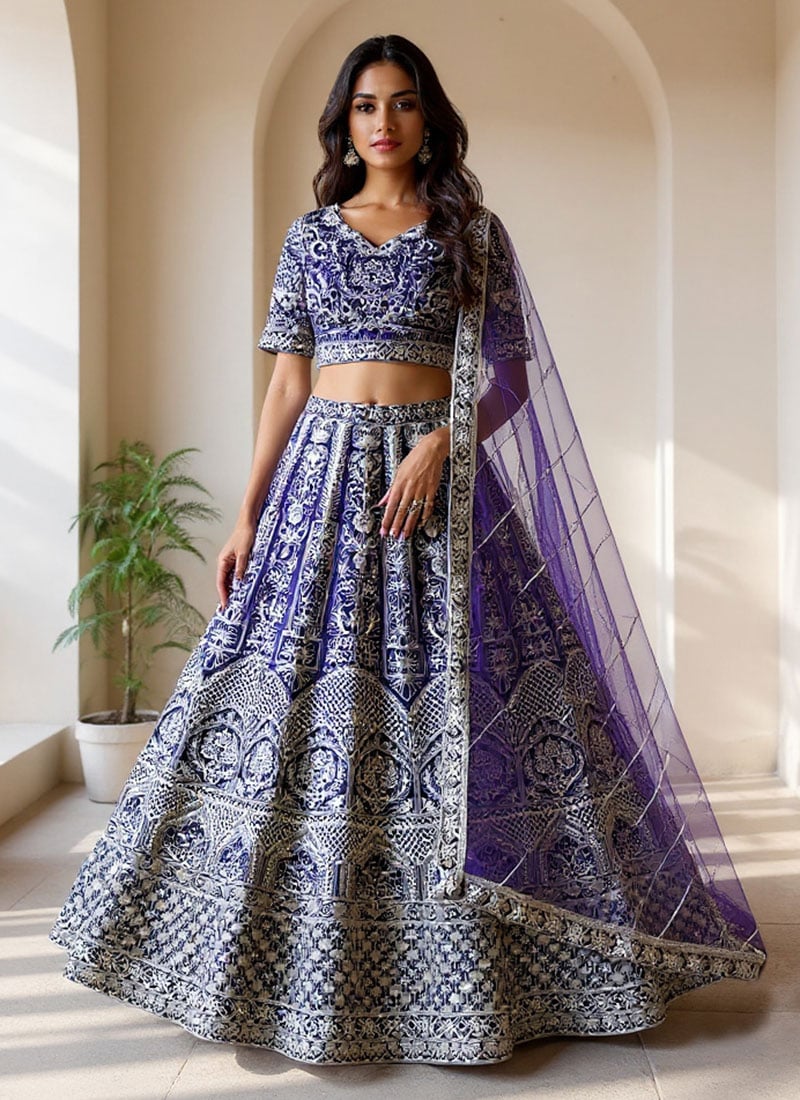 Purple Net Lehenga With Embroidery And Sequins Work Wedding Wear