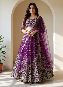 Purple Net Lehenga With Zari Embroidery And Sequins Work