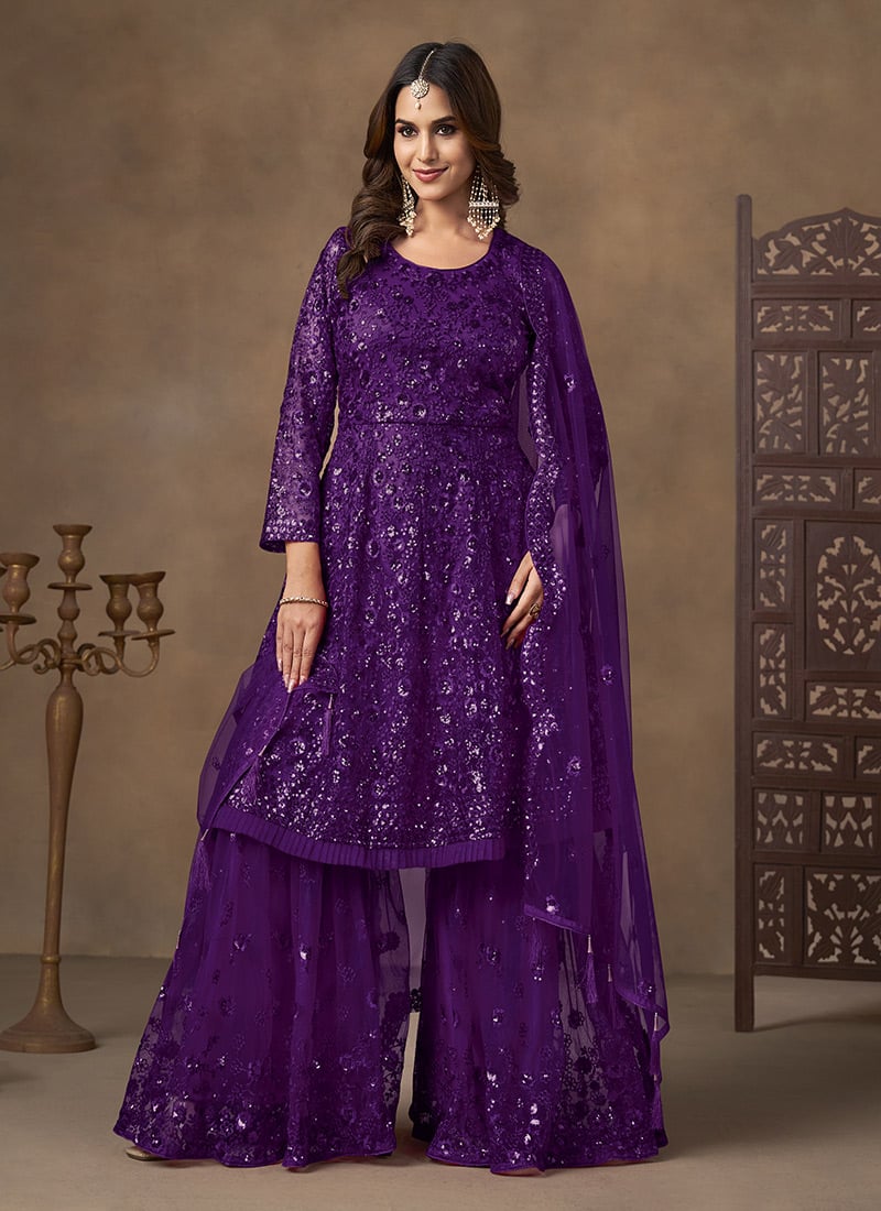 Purple Net Sequins Embroidered Thread Sharara Suit Festive Wear
