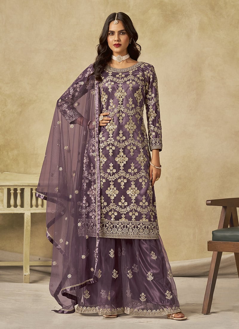 Purple Net Sequins Palazzo Suit Festive Wear