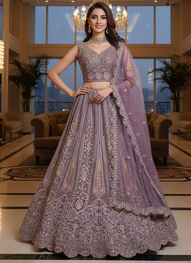 Purple Net Thread Zarkan Stone Embroidered Umbrella Lehenga Wedding Wear