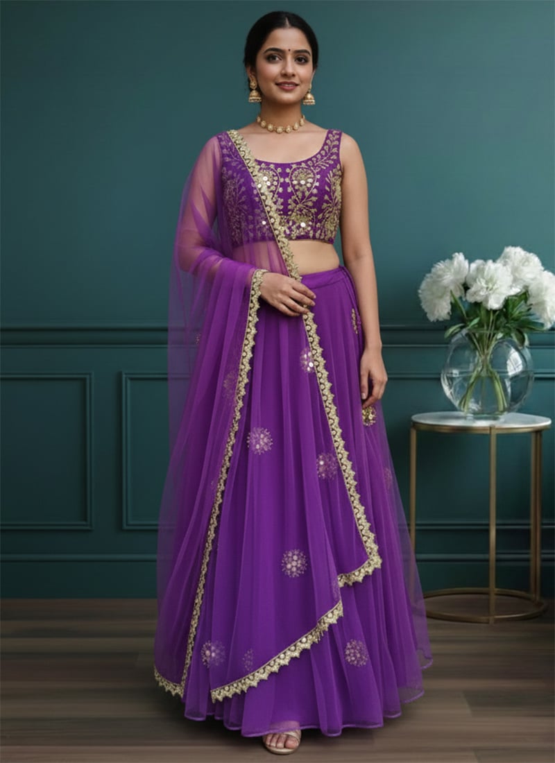 Purple Net Zari A Line Lehenga Wedding Wear