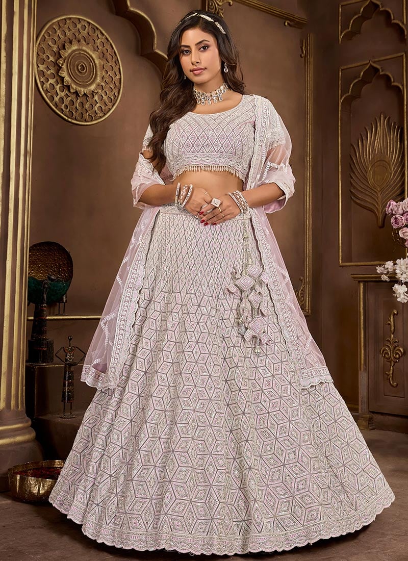 Purple Net Zari Embroidered Sequins Classic Lehenga Wedding Wear