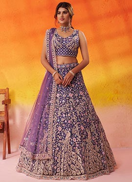 Purple Net Zari Embroidered Sequins With Beads Work Lehenga