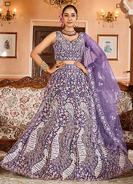 Purple Net Zari Embroidered Sequins With Stone Work Lehenga