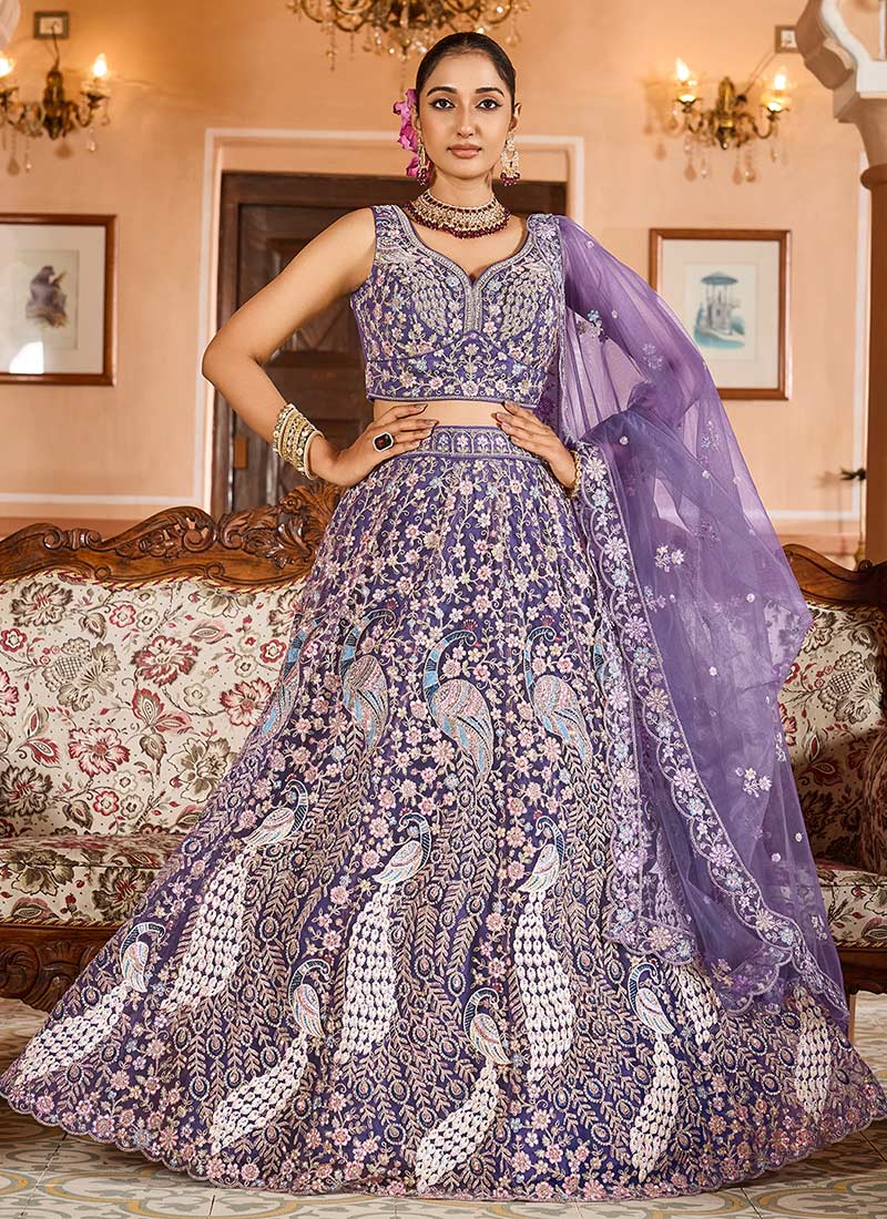 Purple Net Zari Embroidered Sequins With Stone Work Lehenga Wedding Wear