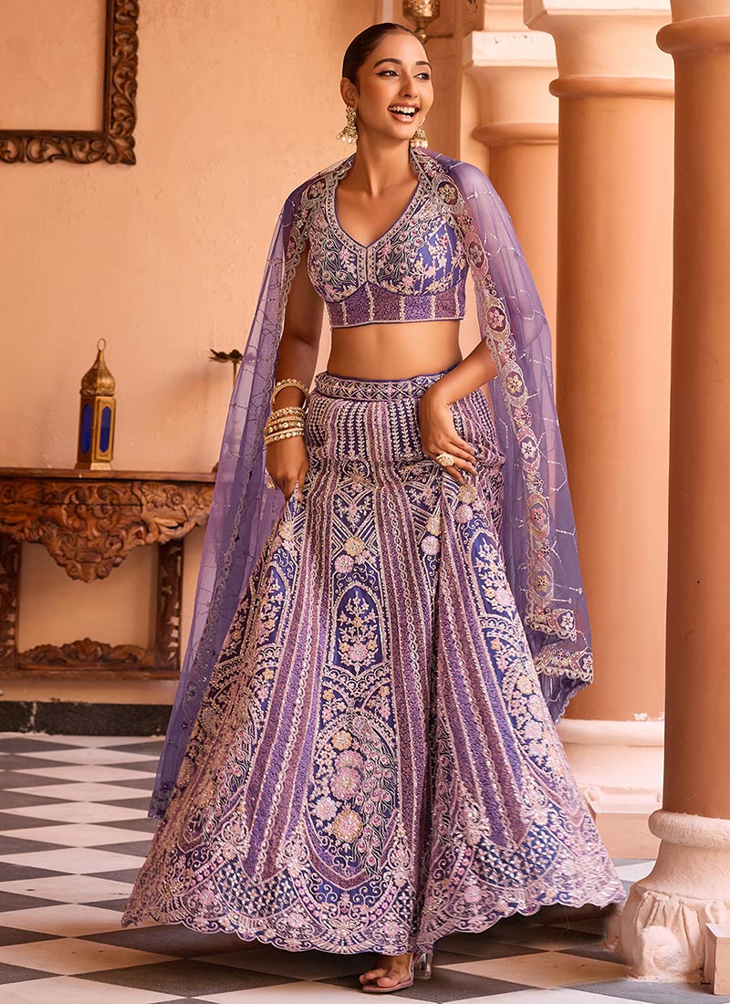 Purple Net Zari Embroidered Sequins With Stone Work Lehenga Wedding Wear