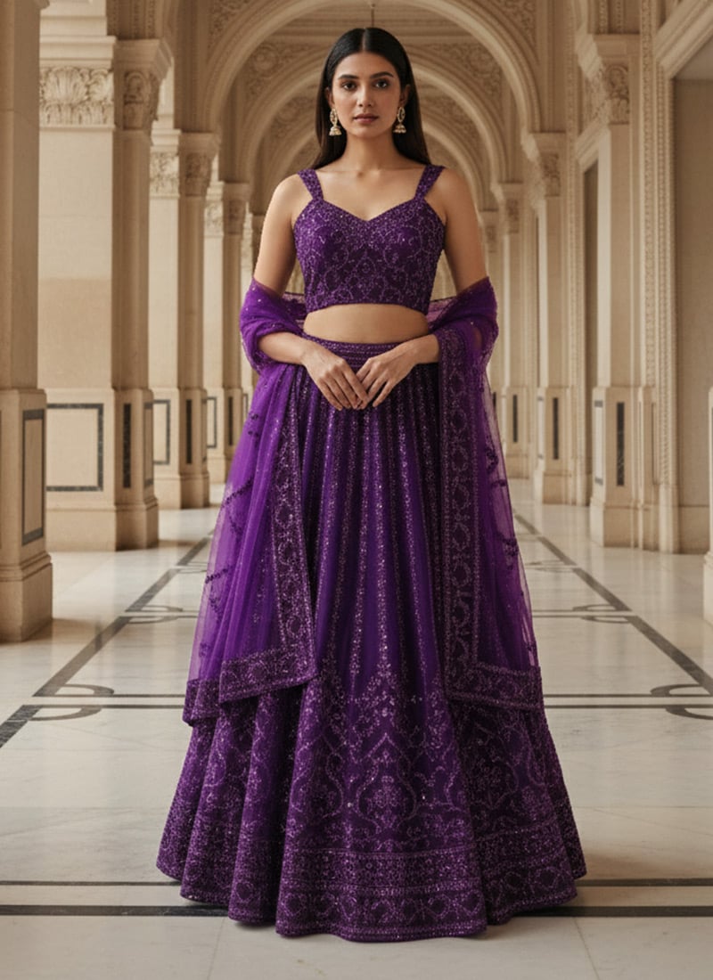 Purple Net Zari Sequins Embroidered Festive Lehenga  Wedding Wear