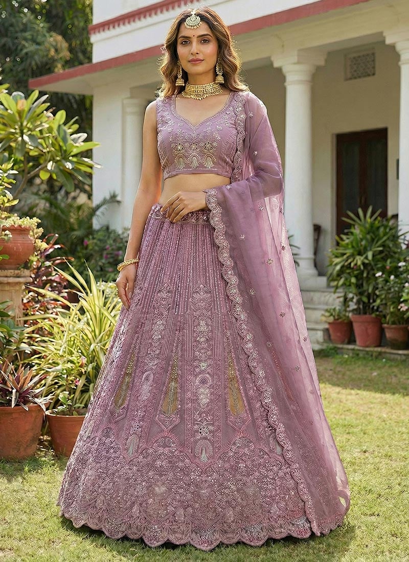 Purple Net Zari Sequins Embroidered Zarkan Stones Dori Thread Umbrella Lehenga Wedding Wear