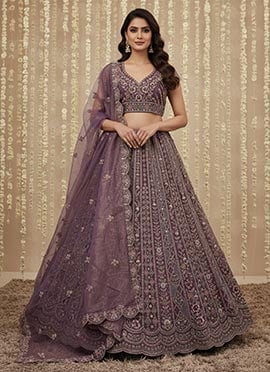 Purple Net Zari Sequins Stones Embroidered Umbrella Lehenga