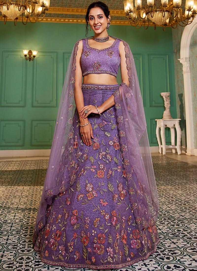 Purple Net Zarkan Floral Embroidered Sequins With Stone Work Lehenga