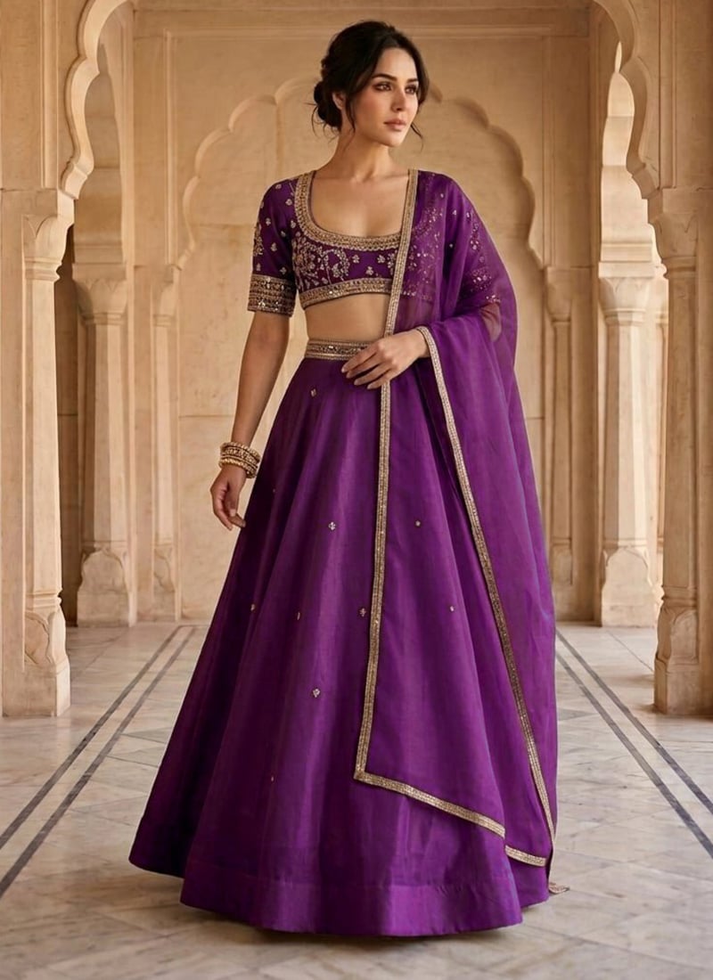 Purple Organza Beads Stones Hand Embroidered Lehenga Wedding Wear