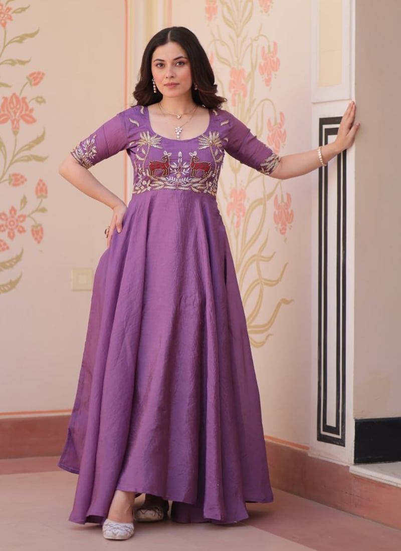 Purple Organza Embroidered Beads Anarkali Gown