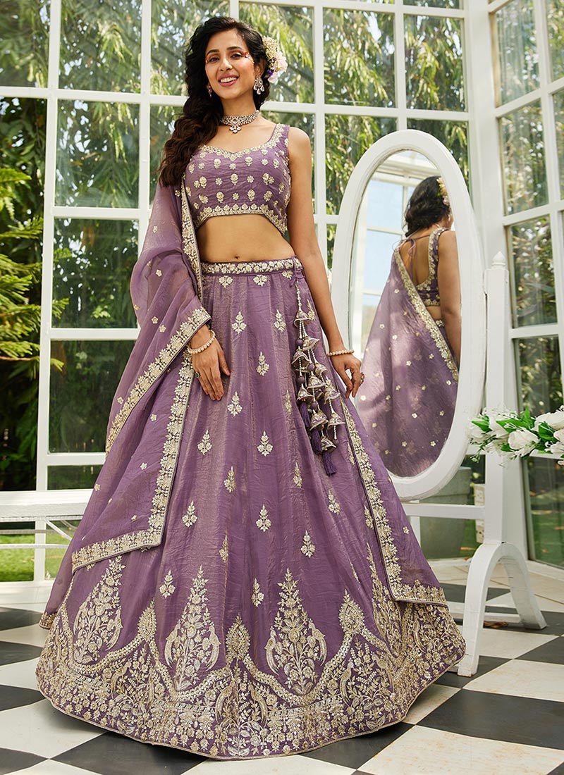 Purple Organza Embroidered Moti Sequins Lehenga Wedding Wear-GHSPC6125PU