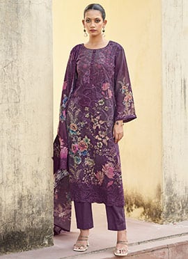 Purple Organza Embroidered Sequins And Digital Print Straight Pant Suit