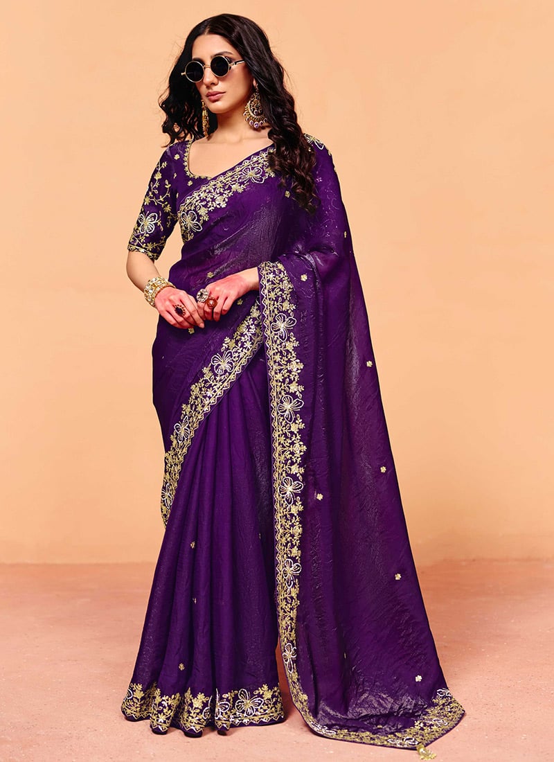 Purple Organza Embroidered Sequins Saree Festive Wear