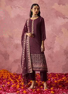 Purple Organza Embroidered Sequins Stone Work Straight Pant Suit