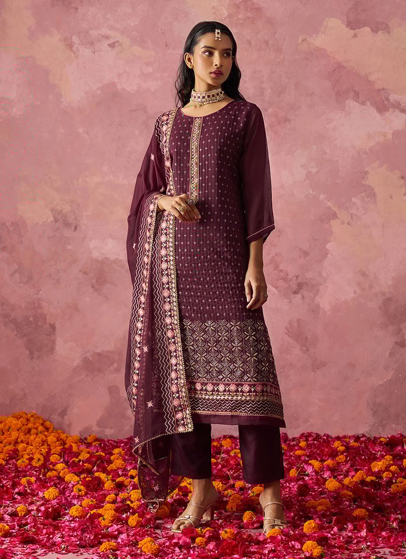 Purple Organza Embroidered Sequins Stone Work Straight Pant Suit Festive Wear