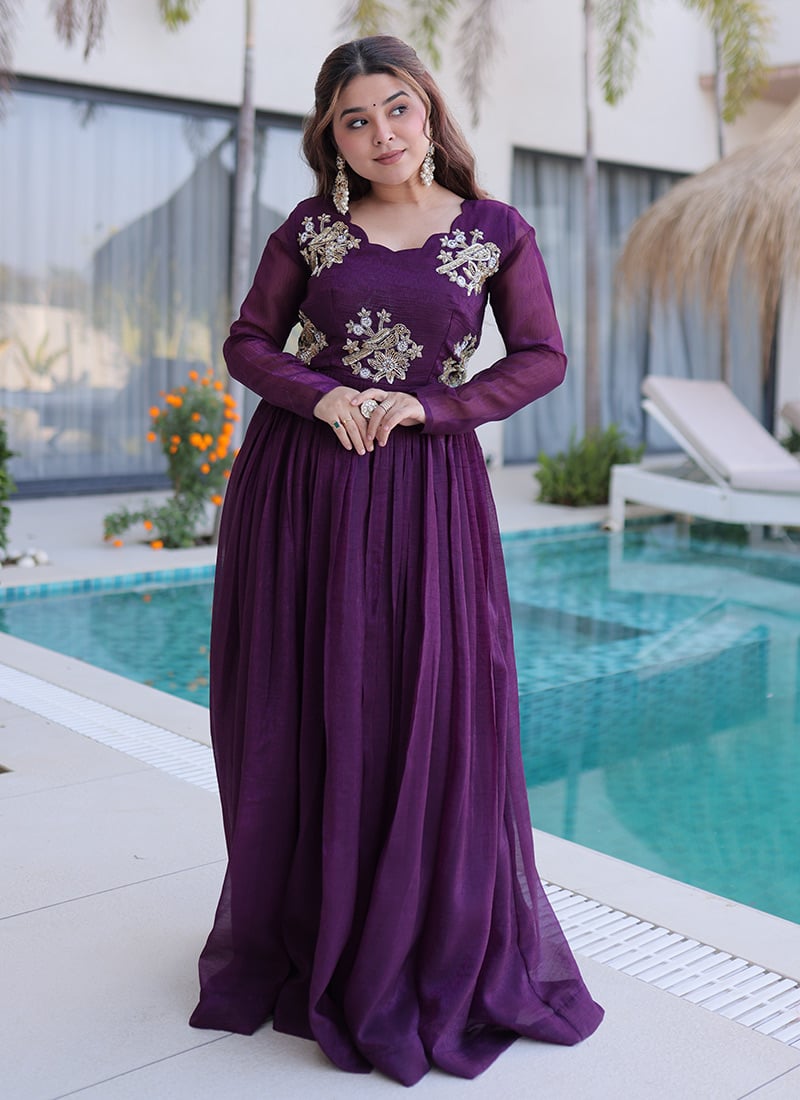 Purple Organza Embroidered With Beads Work Gown After Six Wear