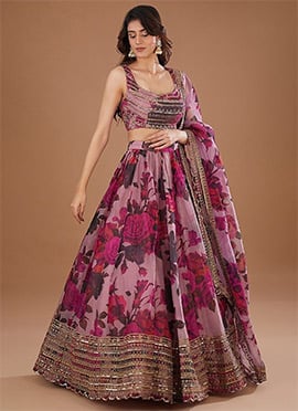 Purple Organza Floral Digital Print Gota Work Glamorous Lehenga