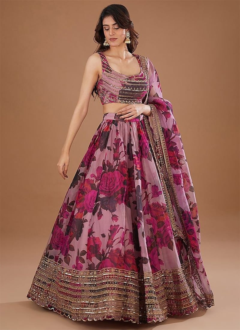 Purple Organza Floral Digital Print Gota Work Glamorous Lehenga Wedding Wear