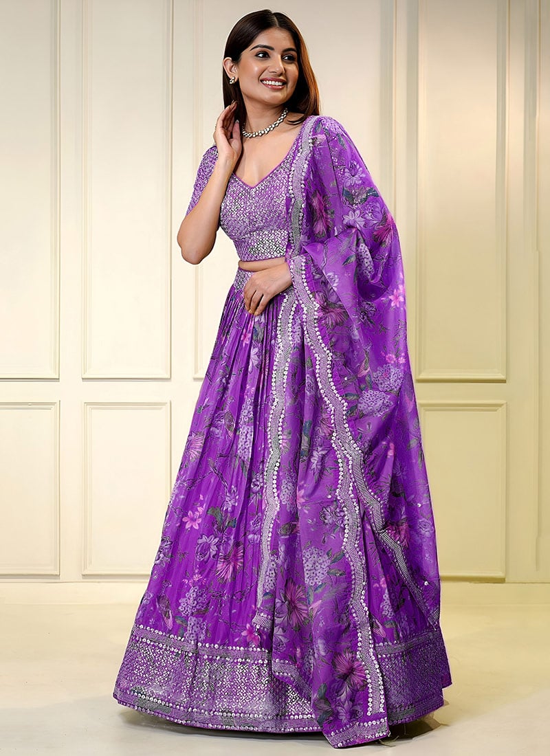 Purple Organza Floral Digital Print Zari Embroidered Sequins Lehenga Wedding Wear