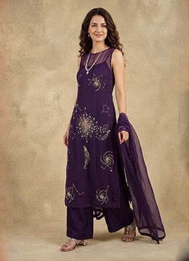 Purple Organza Hand Embroidered Sequins Palazzo Suit