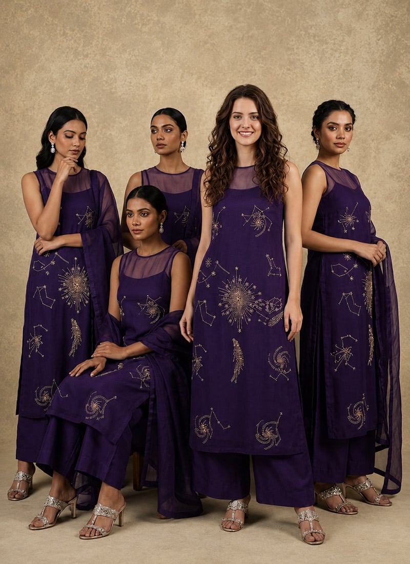 Purple Organza Hand Embroidered Sequins Palazzo Suit Festive Wear