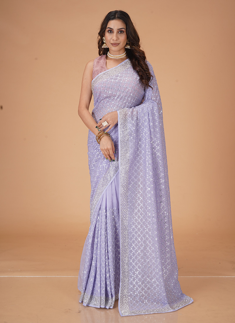 Deep Purple Sequins & Beads Embroidery Saree