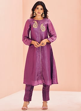 Purple Organza Hand Work Kurta Straight Pant Set